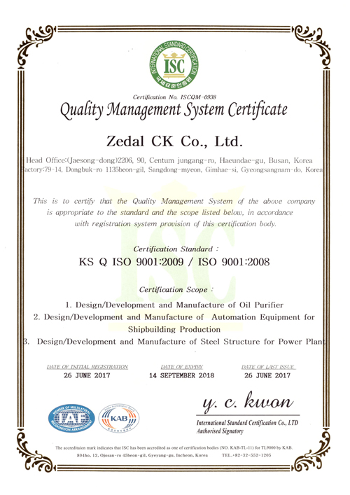 quality management system certificate Zedal ck